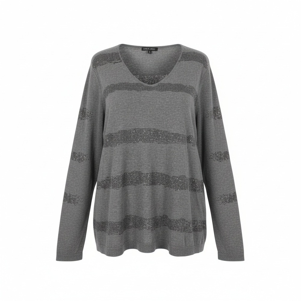 LEO & UGO Women Gray Striped Sparkle V Neck Long Sleeve Knit Sweater Size 6
